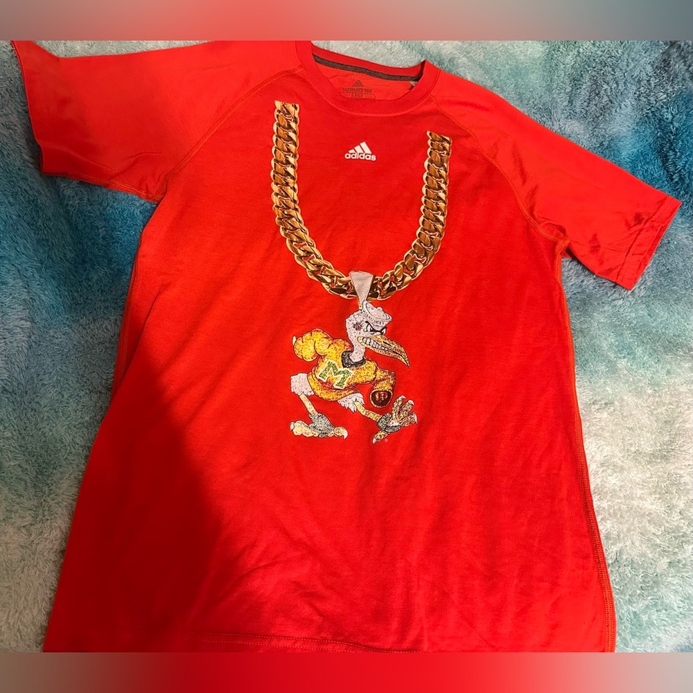 🔥 Adidas Miami Hurricanes Sebastian Turnover Chain T-Shirt ORANGE Sz MEDIUM